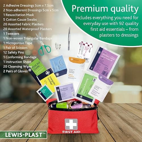 Lewis-Plast Premium 92 Piece First Aid Kit - Safety Essentials for Travel, Car, Home, Camping, Work, Hiking & Holiday Red , Small thumbnail 4
