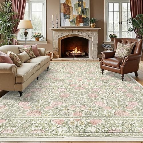 *BOUGHT, Heather* GarveeHome Pink and Green Vintage Floral Washable Rugs 8x10 for Living Room Boho Retro Botanical Rug Low Pile Stain Resistance Non Slip Carpet for Bedroom Nursery Dining Room thumbnail 2