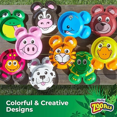 Hefty Zoo Pals Party Edition Paper Plates for Kids, Assorted Animal Designs, 7.75 Inches with Two Dipping Compartments, Multi-Color, 20 Count thumbnail 4