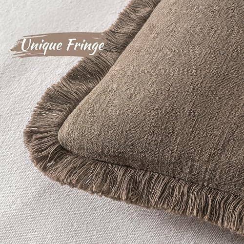 MIULEE Decorative Throw Pillow Covers Neutral Linen Fringe Throw Pillows Set of 2 Cocoa Brown Boho Farmhouse Cushion Covers for Couch Sofa Bed Living Room Fall Home Decor 20x20 Inch thumbnail 3
