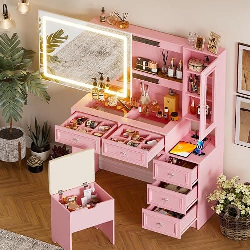 SDMY Vanity Desk with Mirror and Lights, Makeup Vanity Set with 5 Storage Drawers,Power Outlet,Small Dressing Table with Lights 3 Colors,Transparent Top Vanity with Jewelry Organizer for Bedroom,Pink thumbnail 3