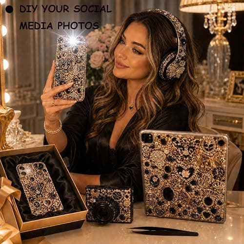 AVELICE Junk Case Large Charm Kit, Glam Black Phone Case Charms with Black Rhinestone Leopard Head,Blackk Rhinestone Butterflies&Black Alloy Flower for DIY Girls & Social Media Crafting thumbnail 2