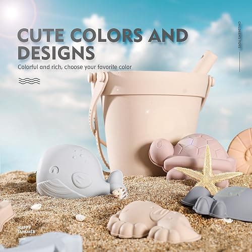 MarcZero 11Pcs Silicone Beach Toys,Modern Baby Beach Toys,Travel Friendly Beach Set,Silicone Bucket, Shovel, 8 Sand Molds, Beach Bag,Silicone Sand Toys for Toddlers, Kids (Begie) - Begie thumbnail 4