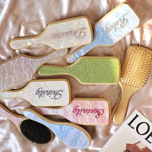 Custom Hair Brushes for Women,Personalized Hair Brush with Colorful Name,Customized Natural Wooden Bamboo Brush,Handmade Rhinestones Hairbrush for Massaging Scalp(Pearl White-Square) - Pearl White-Square thumbnail 8