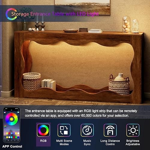 Shintenchi 63 inch Farmhouse Console Table with Storage & LED Light, Long Sofa Table Behind Couch, Narrow Entryway Entrance Table, Hallway Accent Stand Home Decor for Living Room, Entry Way, Brown thumbnail 6