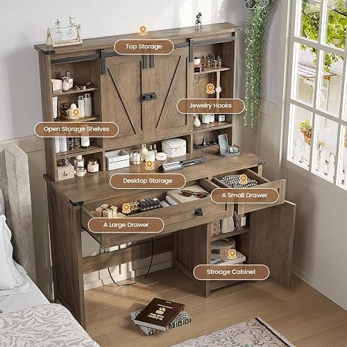 AOGLLATI Makeup Vanity with Lights & Barn Doors, Vanity Desk with Mirror and Lights & Charging Station, Farmhouse Brown Vanity Table with Jewelry Hooks and Open Storage Shelves thumbnail 6