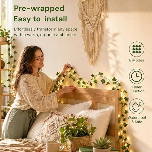 OMIKA Vine with Fairy Lights Plug in, 66FT 200 LED Ivy String Lights Connectable with Remote, Leaf Light Waterproof for Bedroom, Room, Wall, Garden, Party, Wedding Decor (Warm White) thumbnail 3