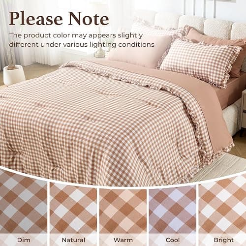 BDEUS 7 Pieces Gingham Ruffle Comforter Set Full Size, Brown Grid Tartan Bedding Set, Soft Breathable Fabric Comforter with Flat Sheet, Fitted Sheet, 2 Pillowcases & 2 Shams, 82"X86" thumbnail 8