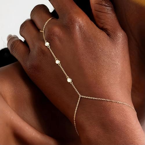 3PCS 14K Gold-Plated Hand Chain Bracelets for Women, Stack Bracelets Set Adjustable, Trendy Dainty Ring Bracelet Hand Chain thumbnail 2