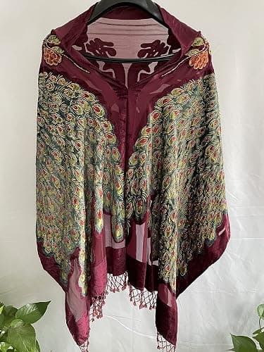 Peacock Velvet Shawl with Fringe Beaded Shawl for Women Peacock scarf Handmade Beading Indian Wraps for wome Tassel thumbnail 2