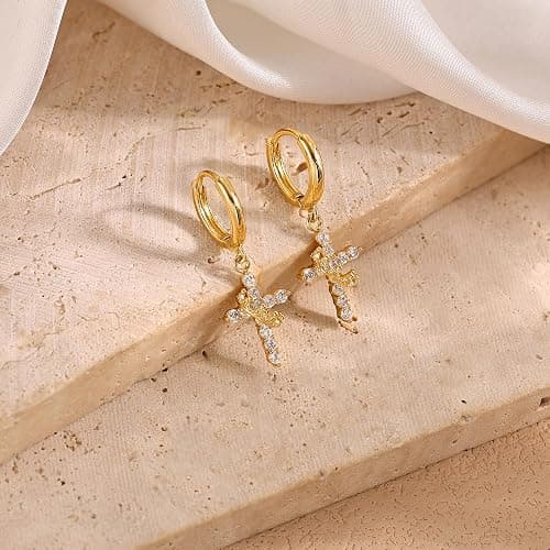 Robaice Gold Crown Cross Earrings for Women - 14K Gold Plated Huggie Hoop Earrings with CZ Diamond Cross Charm Dangle, Religious Christian Jewelry Gifts for Her thumbnail 5