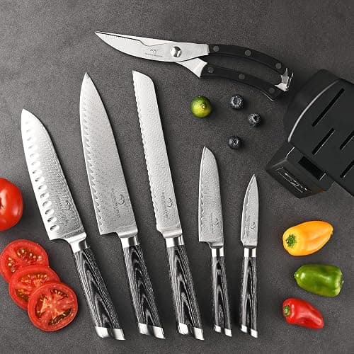 NANFANG BROTHERS Damascus Knife Set, 7 Pieces Kitchen Knife with Block, ABS Ergonomic Handle for Chef Knife Set, Kitchen Shears, Knife Block Set thumbnail 2