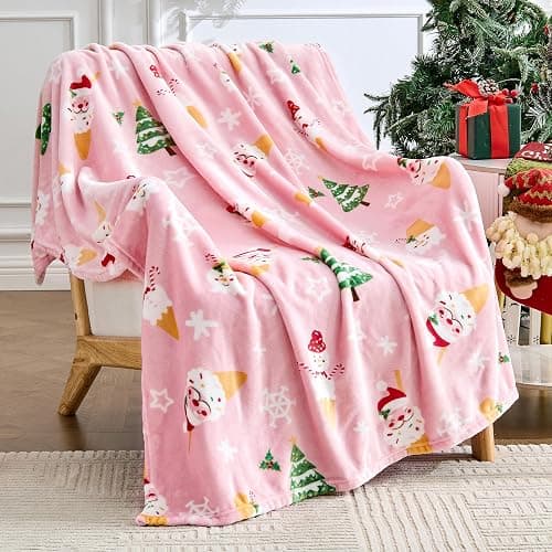 Edenleaf Christmas Blanket Soft Cozy Pink Throws with Snowman Snowflake Santa Claus and Xmas Trees Print, Fuzzy Warm Christmas Throw Blanket for Couch Bed Holiday Decorations Gifts 50"x60" (Pink) - Image 1