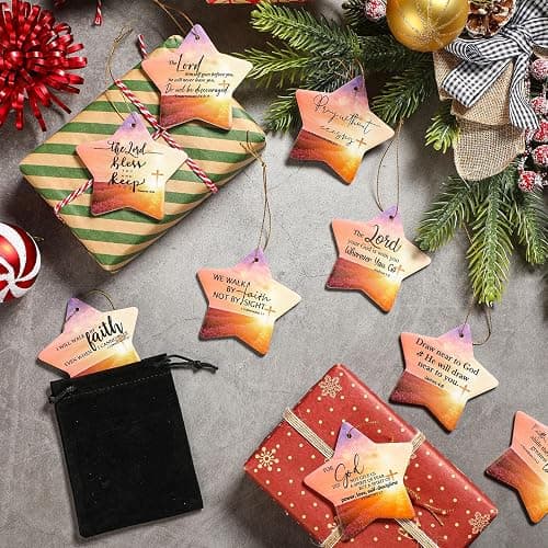 Syhood 9 Sets Christmas Christian Ceramic Ornaments Star Religious Bible Verse Ornaments with Gift Bags Inspirational Quotes for Women Church Christmas Tree thumbnail 4