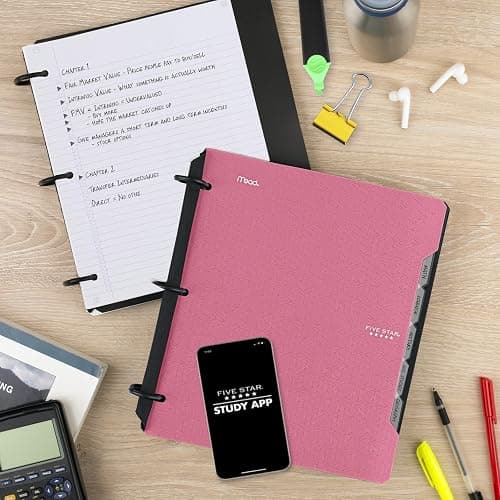 Five Star Flex Refillable Notebook + Study App 1.5 Inch O-Rings Binder with Pockets Tabs and Dividers, 300 Sheet Capacity, Includes 80 Sheets 8.5" x 11" College Ruled Paper, Prom Pink (293240R) thumbnail 4