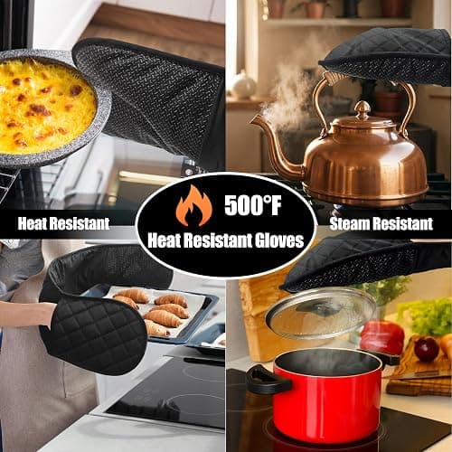 Oven Gloves Heat Resistant, Anti-Slip Silicone Oven Glove for Cooking | Black Double Oven Gloves, Heat Proof Gloves, Silicone Oven Mitts Featuring Breathable Cotton Lining for Dessert Making, BBQ thumbnail 2