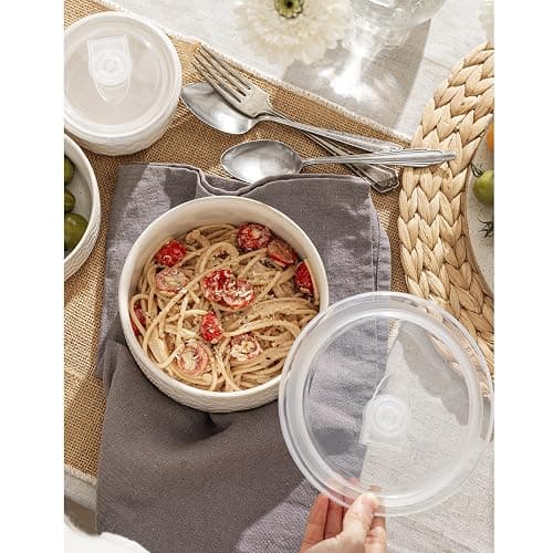 MIKIGEY Mixing Bowls with Lids Set of 4, Ceramic Nesting Bowls, Embossed Mixing Bowl Set for Food Storage, Prep Bowl, Gift, Microwave and Dishwasher Safe, 10/18/33/50 OZ, Off-White thumbnail 6