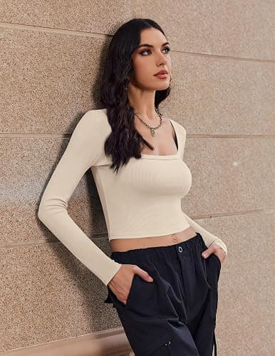 Ekouaer Womens 3 Pack Long Sleeve Crop Tops Square Neck Ribbed Slim Fitted Base Layer Basic Shirt Thermal Undershirts XS-XXL thumbnail 3