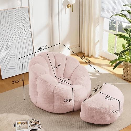 Bean Bag Chair with Ottoman, Pink Flower Bean Bag Chairs for Adults and Teens, Comfy Plush Faux Fur Reading Chair for Living Room, Bedroom, Apartment, Dorm thumbnail 2