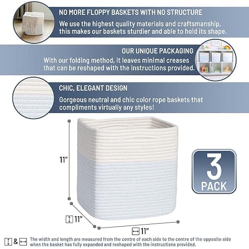 NaturalCozy Storage Cubes 11 Inch Cotton Rope Woven Baskets for Organizing, 3-Pack | Cube Storage Bin | Square Storage Baskets for Shelves Organizer, Classroom, Kids Toy Bins, Closet, Baby Nursery thumbnail 3