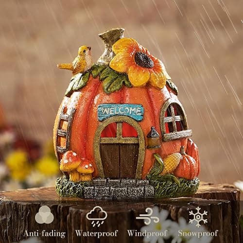 TERESA'S COLLECTIONS Gartendeko für Draußen, Wetterfeste Kürbishaus mit Solarleuchte, Gartendeko aus Kunstharz, Feenhaus Outdoor,Feenhaus Garten Deko,Geschenke für Frauen 19cm thumbnail 6