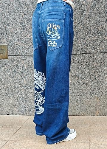 OATSBAS Unisex Y2K Hip-Hop Gothic Jeans Casual Baggy Oversize Streetwear Gragon Print Letter Graphic Retro Denim Pants thumbnail 4