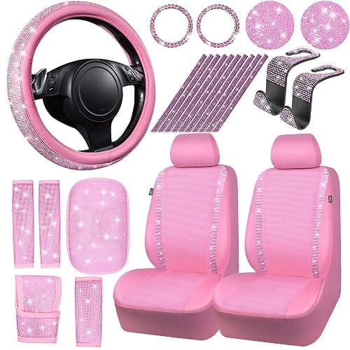 CAR PASS 24 PCS Pink Bling Diamond Accessories Set for Women, Leather Seat Covers, 15'' Steering Wheel Cover, Shining Rhinestone Sparkly Hooks, Coasters, Cute Interior Decorations - Image 1