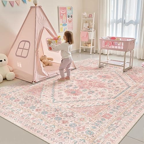 zesthome Pink Rug - 5x7 Area Rugs for Bedroom, Stain Resistant Washable Rugs for Nursery Room, Living Room, Home Decor, Girls Rug (Pink/Blue,5'x7') thumbnail 4