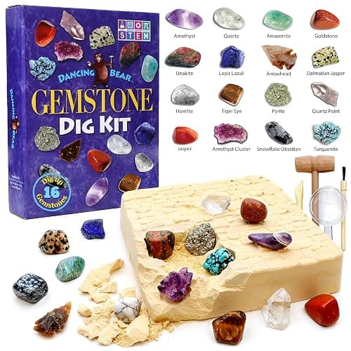 DANCING BEAR Gem stone Dig Kit, Excavate 16 Real Gems & Crystals including Arrowheads, Quartz Point and Amethyst, STEM Education for Kids, Fun Rock Mining Science Activity Gift Sets for Girls and Boys thumbnail 8
