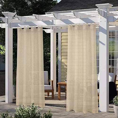 LORDTEX Burlap Linen Look Outdoor Curtain for Patio - 2 Panels Waterproof Tab Top Sheer Curtains for Pergola, Porch, Cabana and Gazebo Indoor/Outdoor Voile Sheer Drapes, 52 x 84 Inch, Linen - Image 1