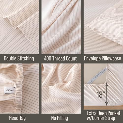 Bella Coterie Luxury Bamboo Viscose Queen Size Sheet Set | 100% Organically Grown | Ultra Soft | Cooling for Hot Sleepers | 18" Deep Pocket [Striped Dune] thumbnail 3