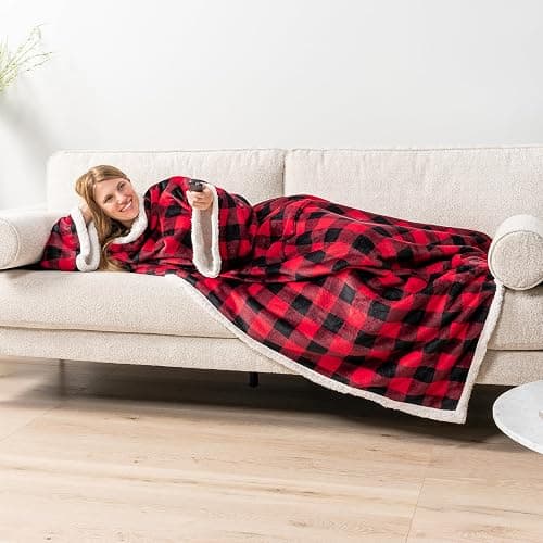 PAVILIA Wearable Blanket with Sleeves and Pocket for Women Men, Sherpa Trim | 250 GSM (Fleece) / 430 GSM (Sherpa Lining), Warm Soft Plush Snuggle Pocket Sleeved TV Throw Wrap, Cozy Gift Ideas Mom Wife thumbnail 5