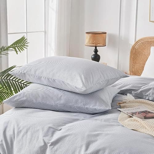 JELLYMONI 100% Natural Cotton 3pcs Striped Duvet Cover Sets,Blue Duvet Cover with Thin White Stripes Pattern Printed Comforter Cover,with Zipper Closure & Corner Ties(Twin Size) thumbnail 6