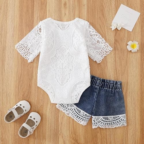 Voonlie Newborn Baby Girl Clothes Infant Girl Lace Romper Ripped Jeans Clothing Set thumbnail 3