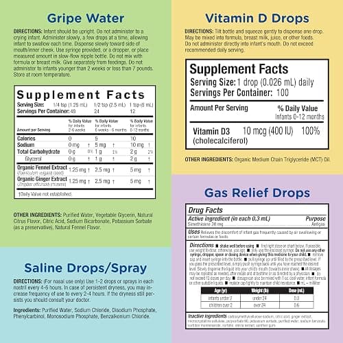 Mommy's Bliss 4-Piece Newborn and Baby Essentials Kit - With Gripe Water, Gas Relief Drops, Vitamin D 400IU, and Saline Drops/Spray - The Perfect Baby Gift. thumbnail 5