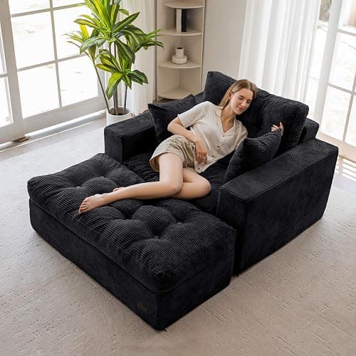 MAXYOYO Oversized Chaise Lounge Sofa, Upholstered Lounge Chair with 3 Pillows, Tufted Boneless Sofa Couch with Ottoman, Deep Seat Sleeper Chair for Living Room, Bedroom, No Assembly, Black - Image 1
