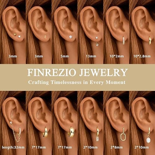 Finrezio 13 Pairs Small Gold Hoop Earrings Set for Women 14K Gold Plated Lightweight Huggie Hoops Hypoallergenic Pearl Dainty Stud Hoop Earrings for Gift, Gold thumbnail 3