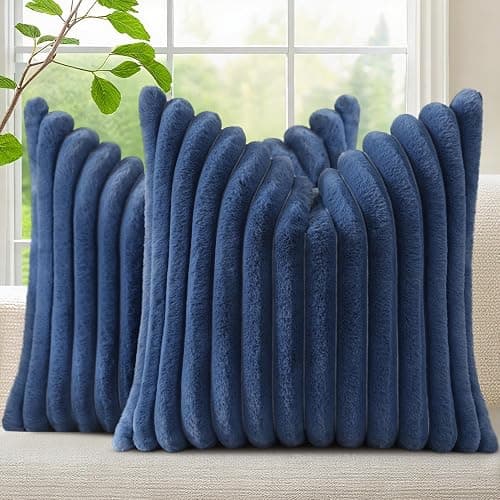 decorUhome Faux Fur Christmas Throw Pillow Covers 18x18 Set of 2, Decorative Soft Plush Striped Neutral Couch Euro Pillow Covers with Velvet Back for Sofa, Bed, Living Room Home Decor, Blue - Image 1