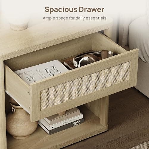 SICOTAS Night Stand Set of 2 26" Wide Large Nightstands with Drawer & Shelf Storage Rattan Bedside Table Boho End Table Tall Bed Side Tables Night Stands for Bedroom Living Room Sofa Office, Sand Oak thumbnail 5