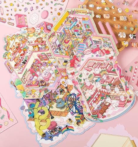 DIY 3D House Stickers, 4 Sets Fun DIY Stickers Scene Make Your Own Mini House Cute Cartoon Animal Scene Stickers for Kids Adult Sticker Art Relief Stress Pass The Time- Large Size thumbnail 2