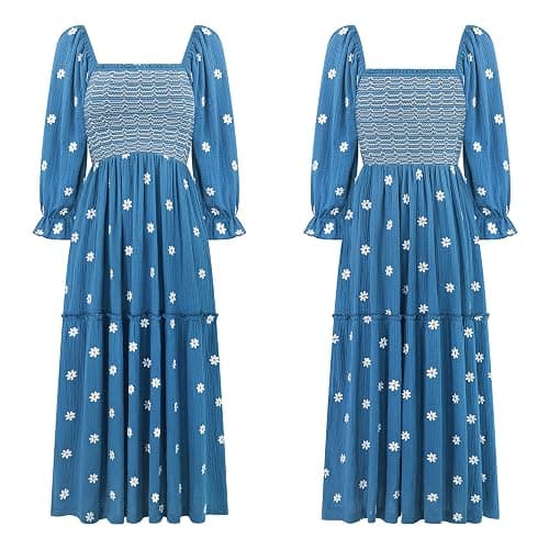 R.Vivimos Women's Long Sleeve Cotton Boho Midi Dress Vintage Square Neck Floral Embroidered Tiered Ruffle Flowy Pockets Dress thumbnail 6