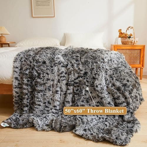 XeGe Luxury Faux Fur Cheetah Print Throw, Soft Leopard Print Fluffy Blanket, Shaggy Plush Decorative Couch Throw, Cute Animal Print Furry Fuzzy Single Blanket for Sofa Bed Chair Office, Grey thumbnail 2