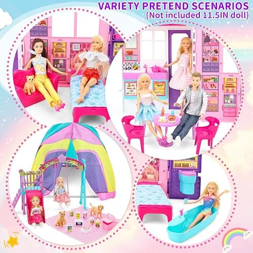 Style Shine Doll House Portable & Foldable Dollhouse w/ 60+ Pcs & 2 Dolls, Play House Toy with Bedroom Kitchen Furniture Camping Playset, Playhouse Gift for Girl Kid Toddler thumbnail 4