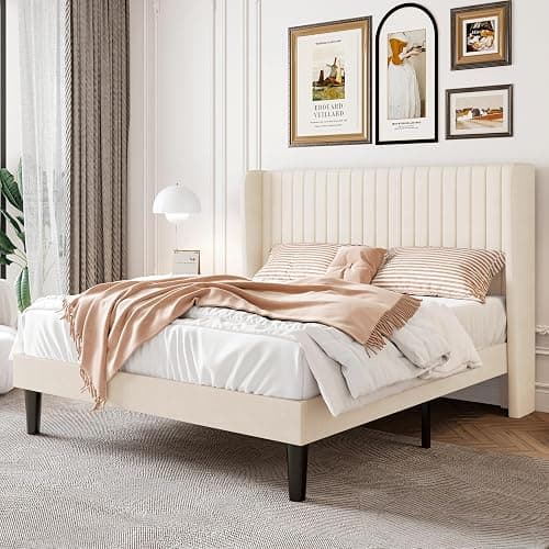 SHA CERLIN Queen Size Velvet Bed Frame, Tufted Wingback Headboard, Cream | 47'' Modern Vertical Channel Headboard, Upholstered Platform Bed, Wood Slats, No Box Spring Needed, Easy Assembly, Noise Free - Image 1