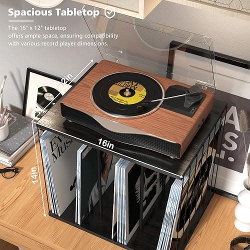 Emfogo Vinyl Record Storage, Metal & Wooden Vinyl Record Holder Up to 80 Album, 3-Compartment Record Player Stand for Magazine, Book, Files, Albums (Black) thumbnail 4