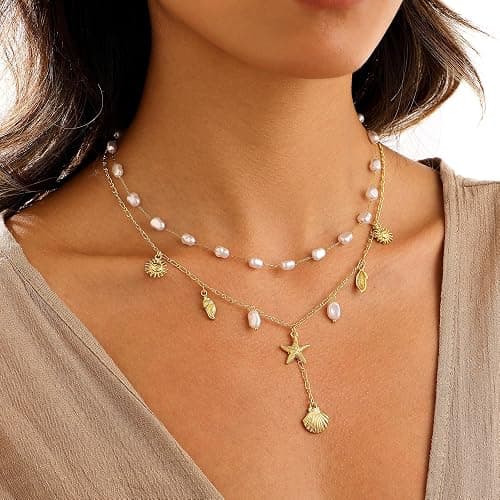 Shell Charm Necklace For Women Stack Seashell Pearl Dainty Starfish Beach Layered 14k Gold Plated Pendant Summer Boho Jewelry Gifts thumbnail 3