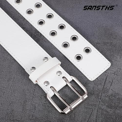 SANSTHS Women Double Grommet Studded Belts, Black Leather Belt for Women Men Punk belt thumbnail 7