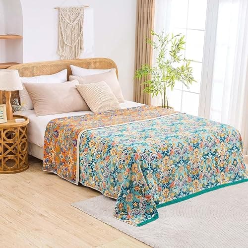 XIBLC Boho Blanket Throw Quilt, 100% Cotton Soft Light Weight Throw Blankets for Summer, 50"x60" Farmhouse Flower Decorative Blankets, All Season Rustic Reversible Bohemian Throw Quilt thumbnail 7