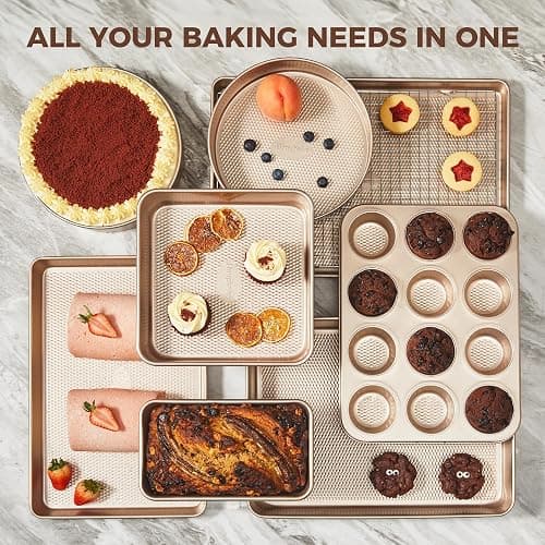 HONGBAKE 9-Piece Baking Pans Set Nonstick, Stackable Non Toxic Bakeware Sets with Diamond Texture, Oven Pan Set for Cooking, Includes Cookie Sheet with Rack, Cake Pan, Roasting Pan, Muffin Tin, Gold thumbnail 4