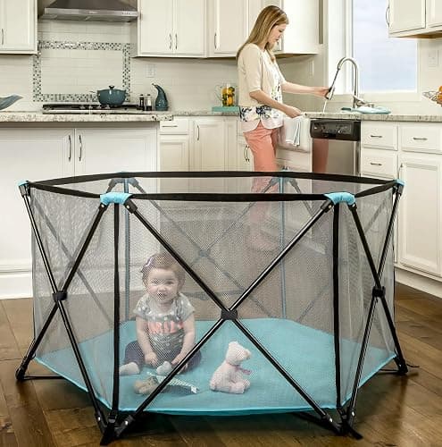 Regalo My Portable Play Yard Indoor and Outdoor, Washable, Aqua, 6-Panel, 48 Inch - Image 1